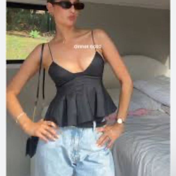 Zara Tops - ZARA PLEATED POPLIN Black Spaghetti Strap Top size XS